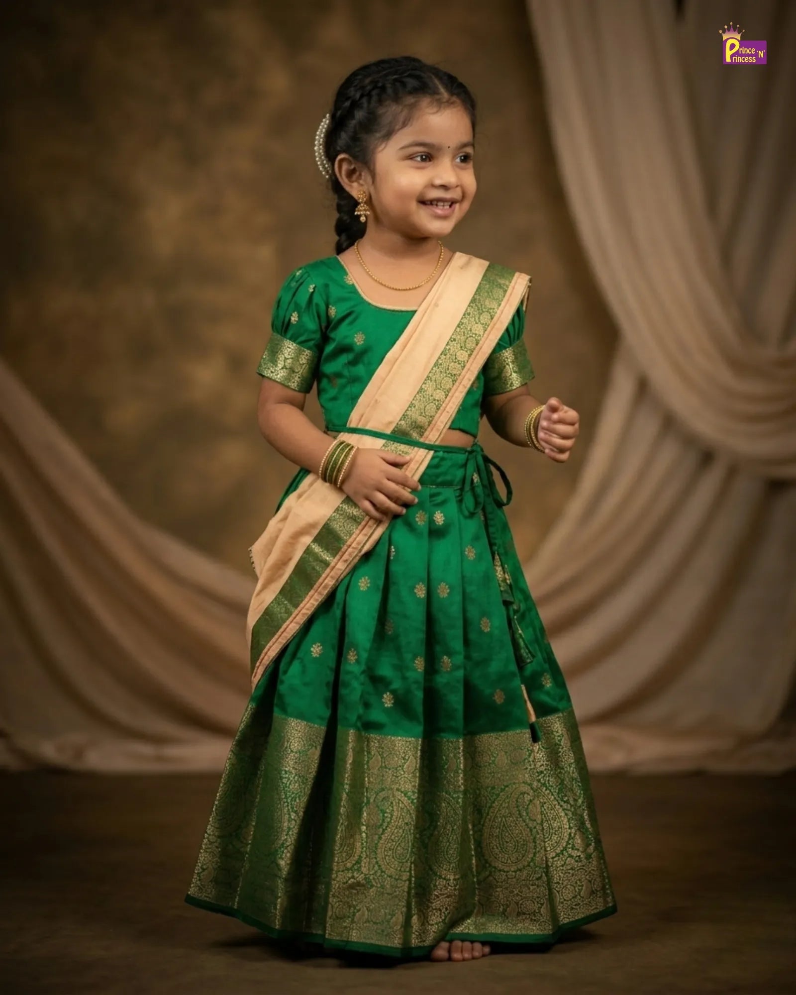 Light Half Saree or Dhavani for Little Princess in Green HF032 for kids festival wear