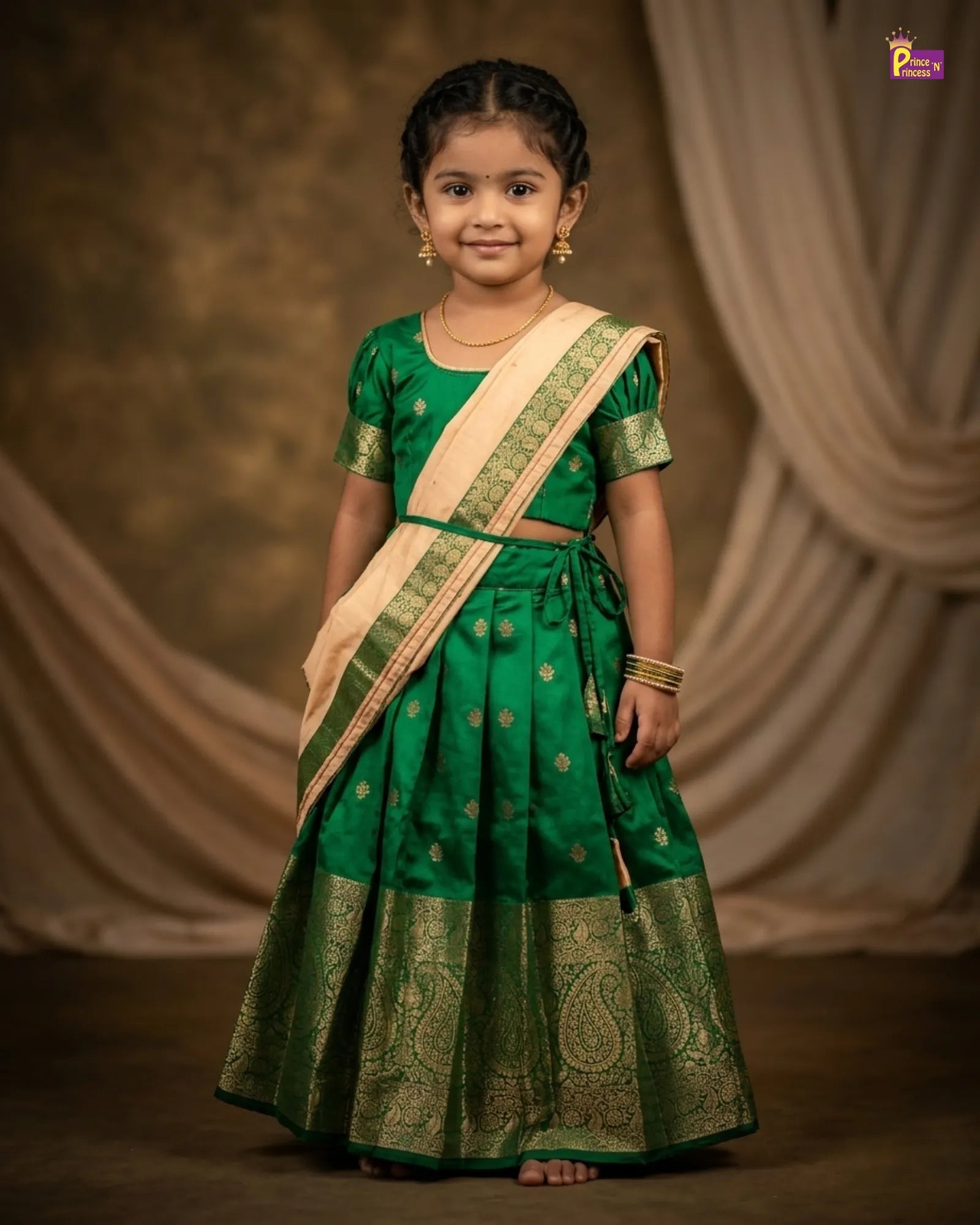 Light Half Saree or Dhavani for Little Princess in Green HF032 for kids festival wear