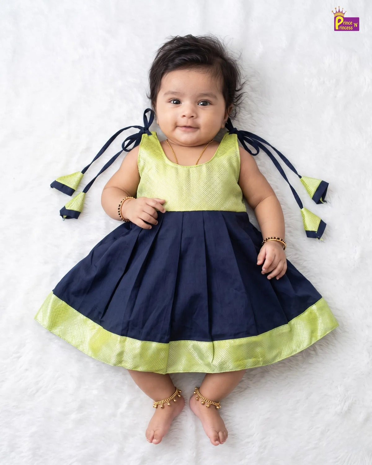 Lime Green & Navy Blue Pattu Frock For Baby Girl | Newborn Silk Frock LF2085 for kids festival wear