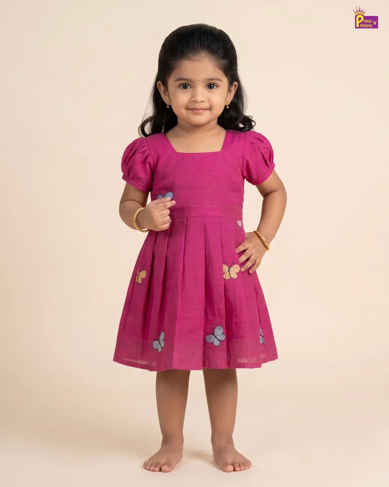 Magenta Butterfly Embroidery Cotton Frock for Girls | Square Neck CF375 for kids festival wear