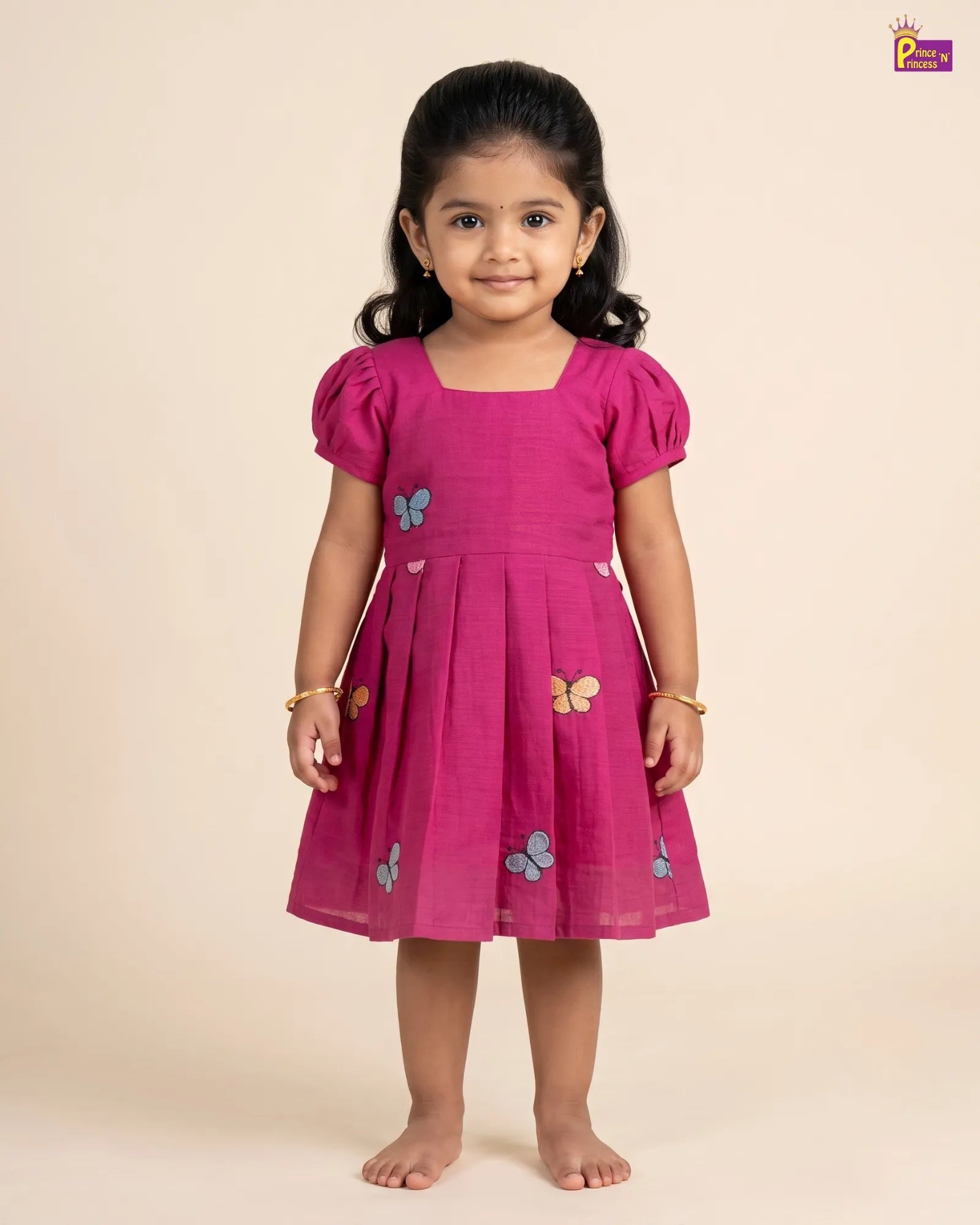 Magenta Butterfly Embroidery Cotton Frock for Girls | Square Neck CF375 for kids festival wear