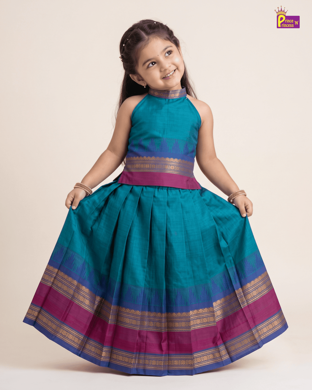 Magenta Modern Halter Neck chettinad Cotto Pattu Pavadai Set - PPP2173 for kids festival wear