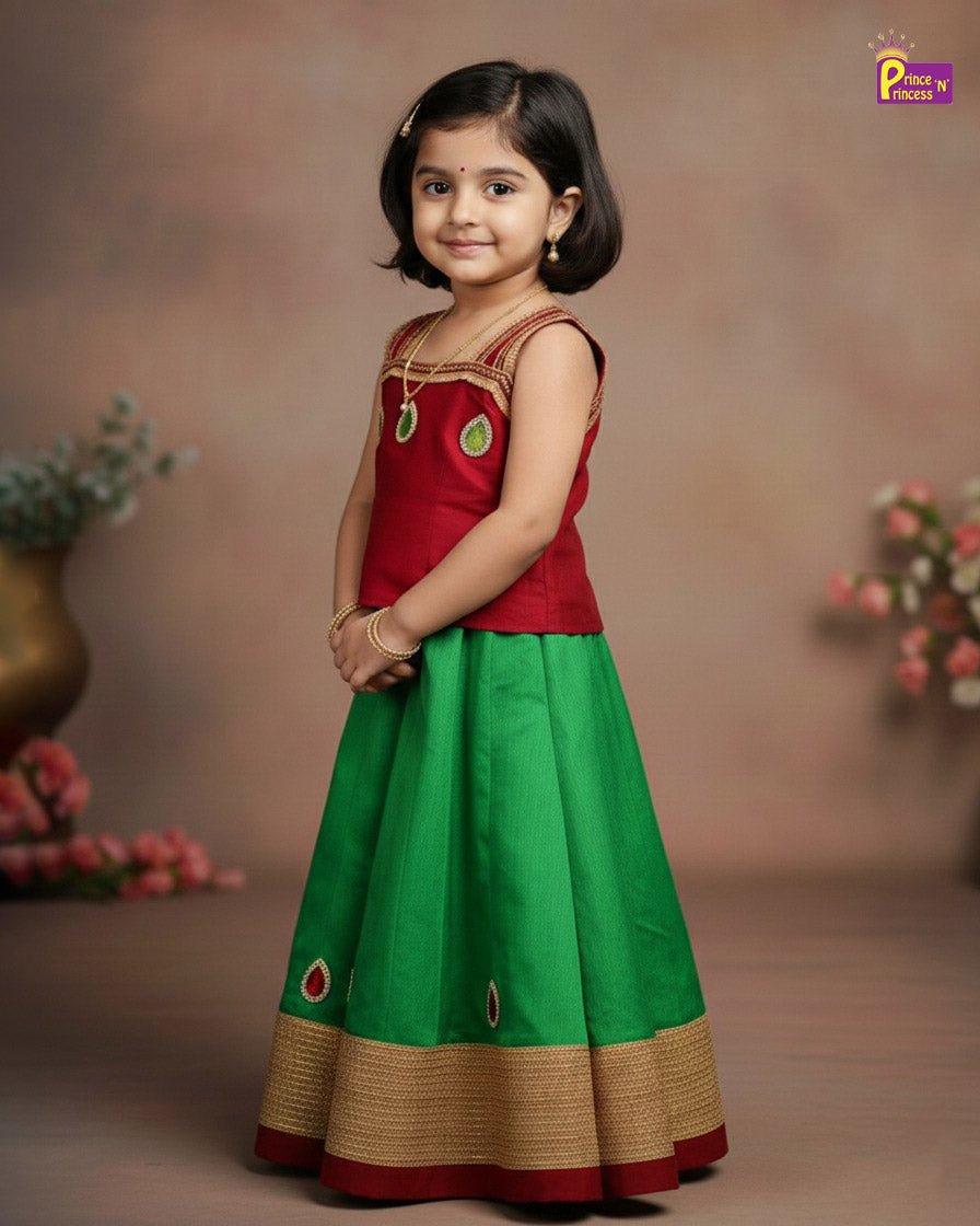 Maroon with Green Traditional Pattu Pavadai RATH01 - Prince N Princess