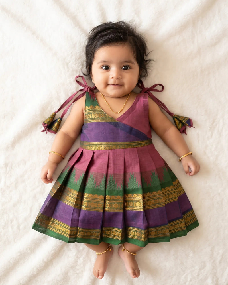 Mauve Pink Chettinad Cotton Newborn Frock - Handloom Function Wear LF2082 for kids festival wear