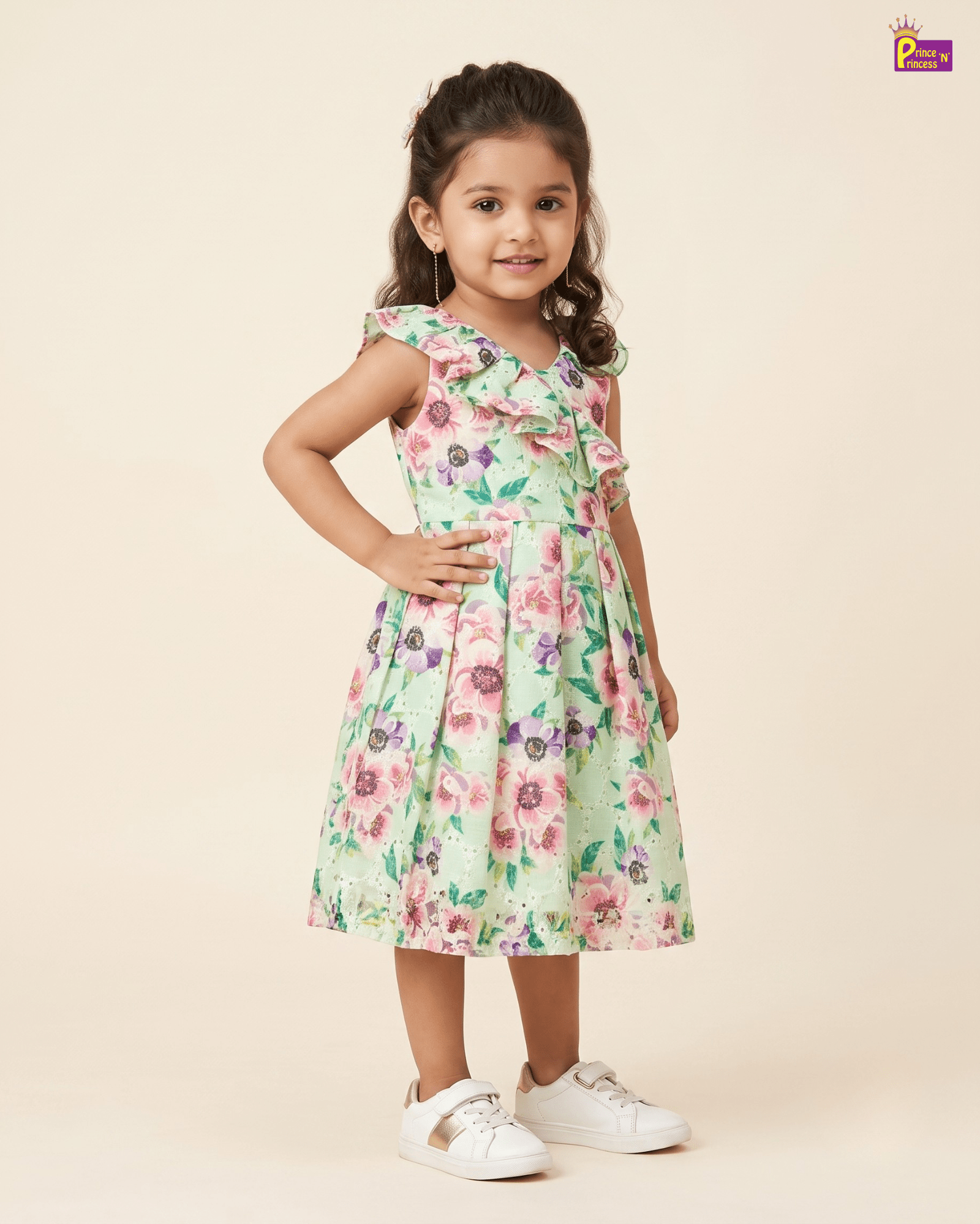 Mint Green Floral Print Frock for Girls | Ruffle Collar Party Dress CF338 for kids festival wear