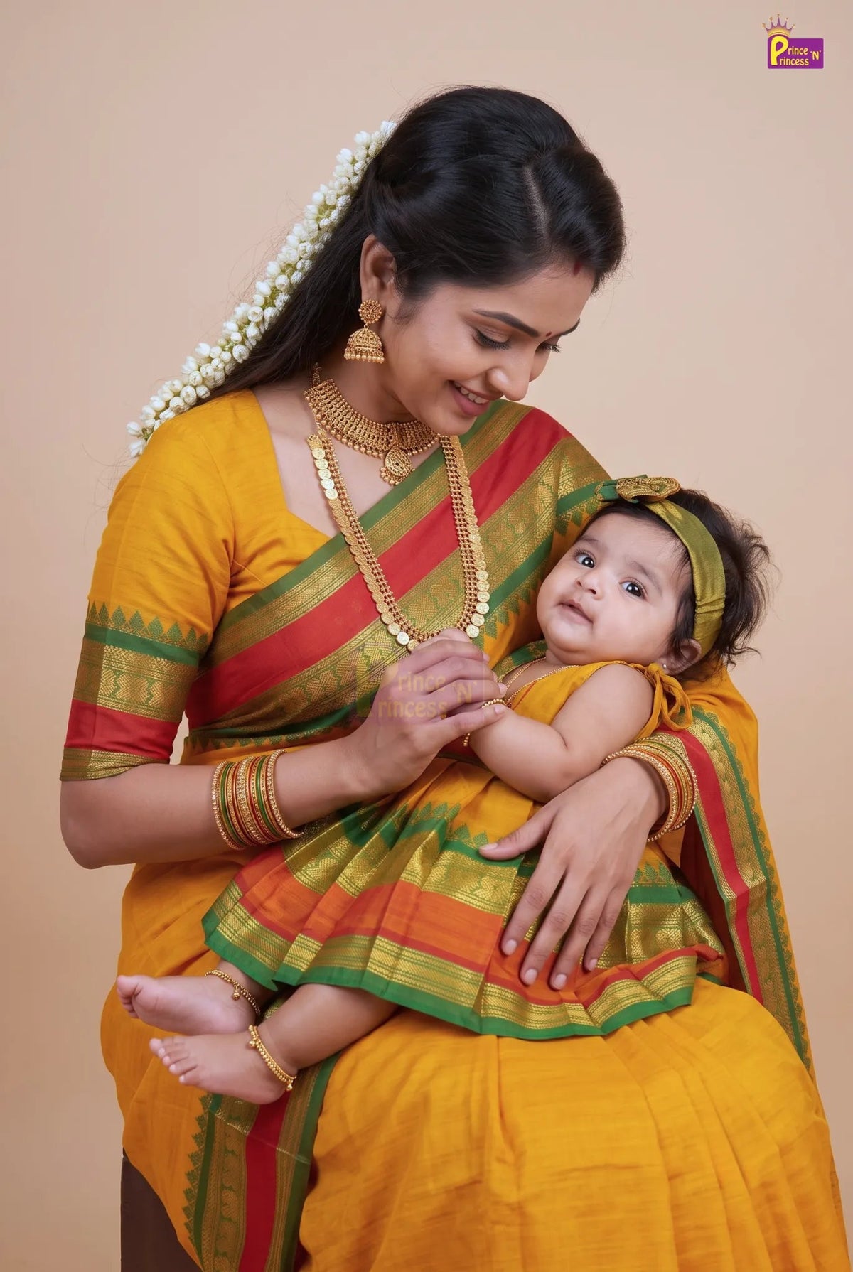 A woman and a baby wearing matching traditional Indian attire, featuring a bright yellow saree with red and green borders, posed against a solid beige studio background.