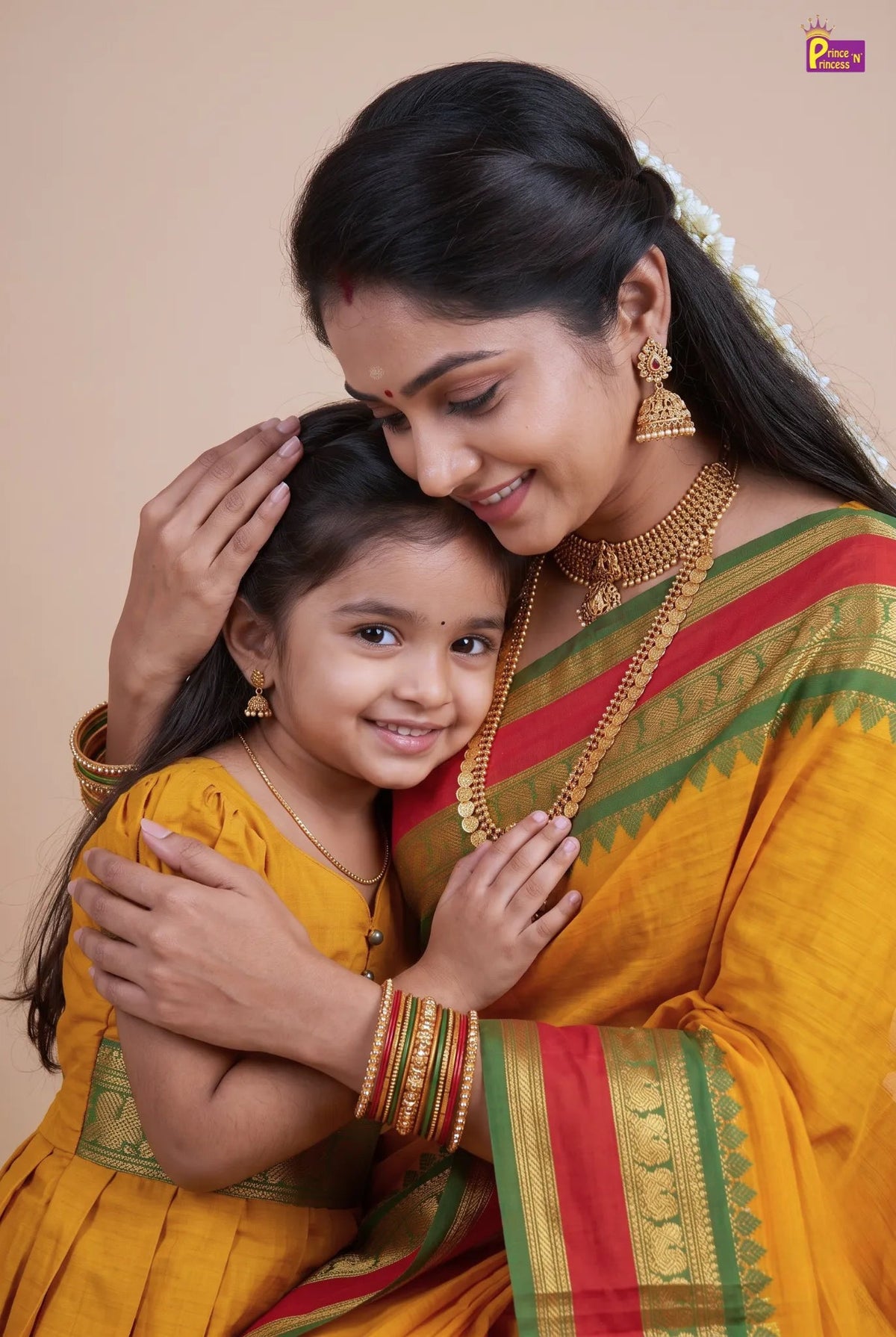 A woman and a young girl hugging, both wearing traditional Indian mustard yellow sarees with red and green borders, gold jewelry, and bangles, set against a solid beige background.