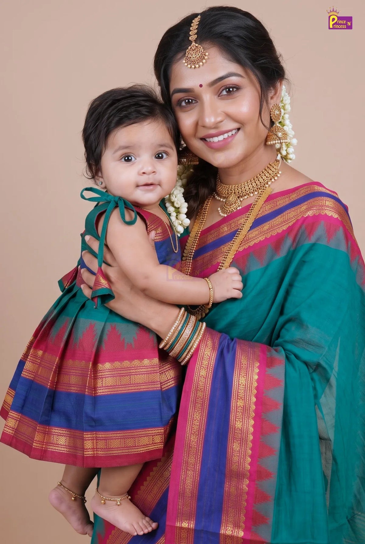 Mother & Daughter Chettinad Cotton Saree Combo | Pure Handloom Teal with Baby Outfit (Read Description) - MDC002 for kids festival wear