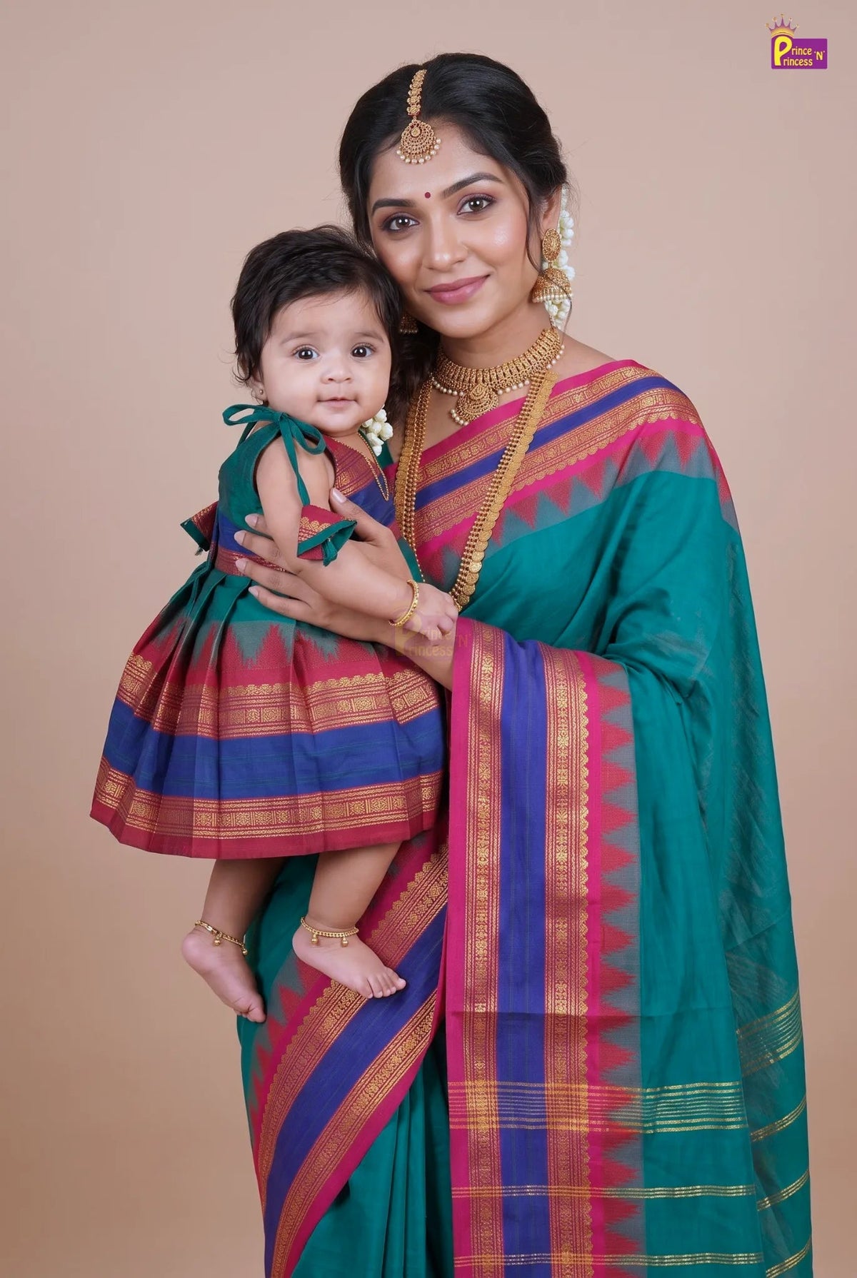 Mother & Daughter Chettinad Cotton Saree Combo | Pure Handloom Teal with Baby Outfit (Read Description) - MDC002 for kids festival wear
