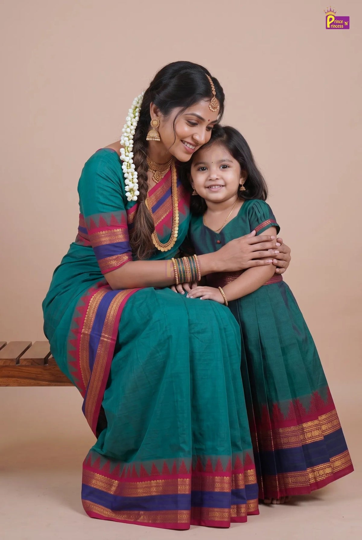 Mother & Daughter Chettinad Cotton Saree Combo | Pure Handloom Teal with Baby Outfit (Read Description) - MDC002 for kids festival wear