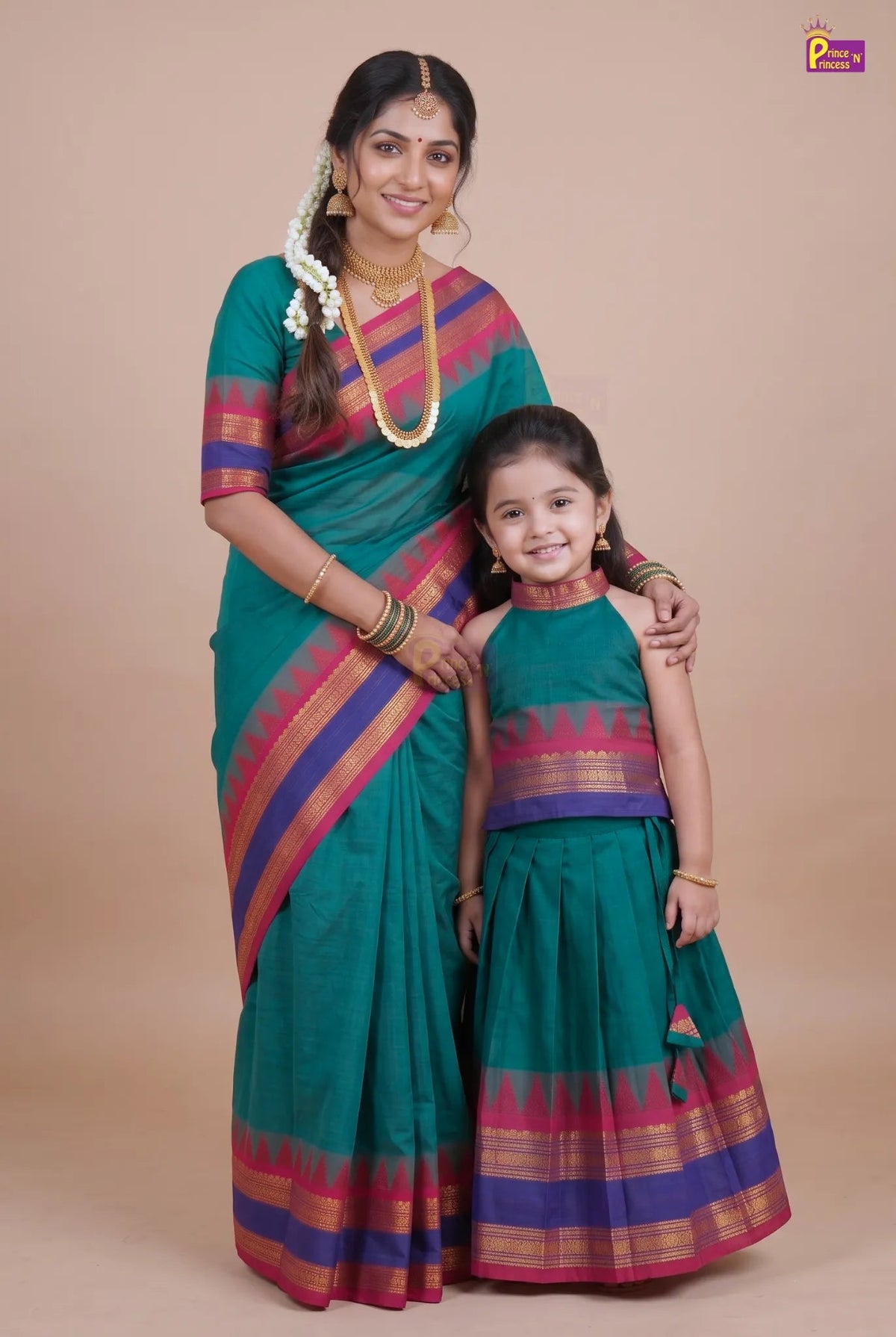 Mother & Daughter Chettinad Cotton Saree Combo | Pure Handloom Teal with Baby Outfit (Read Description) - MDC002 for kids festival wear