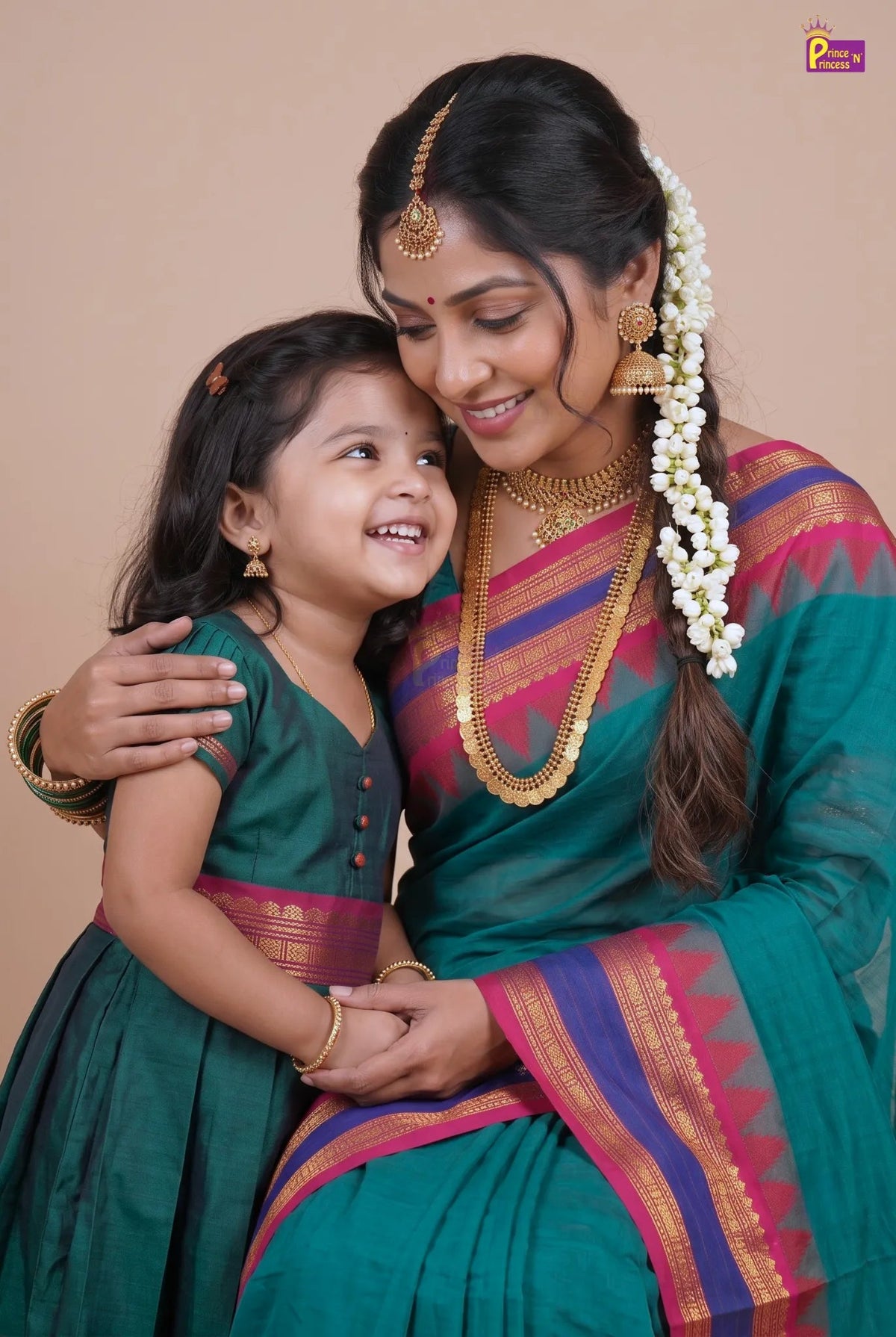 Mother & Daughter Chettinad Cotton Saree Combo | Pure Handloom Teal with Baby Outfit (Read Description) - MDC002 for kids festival wear