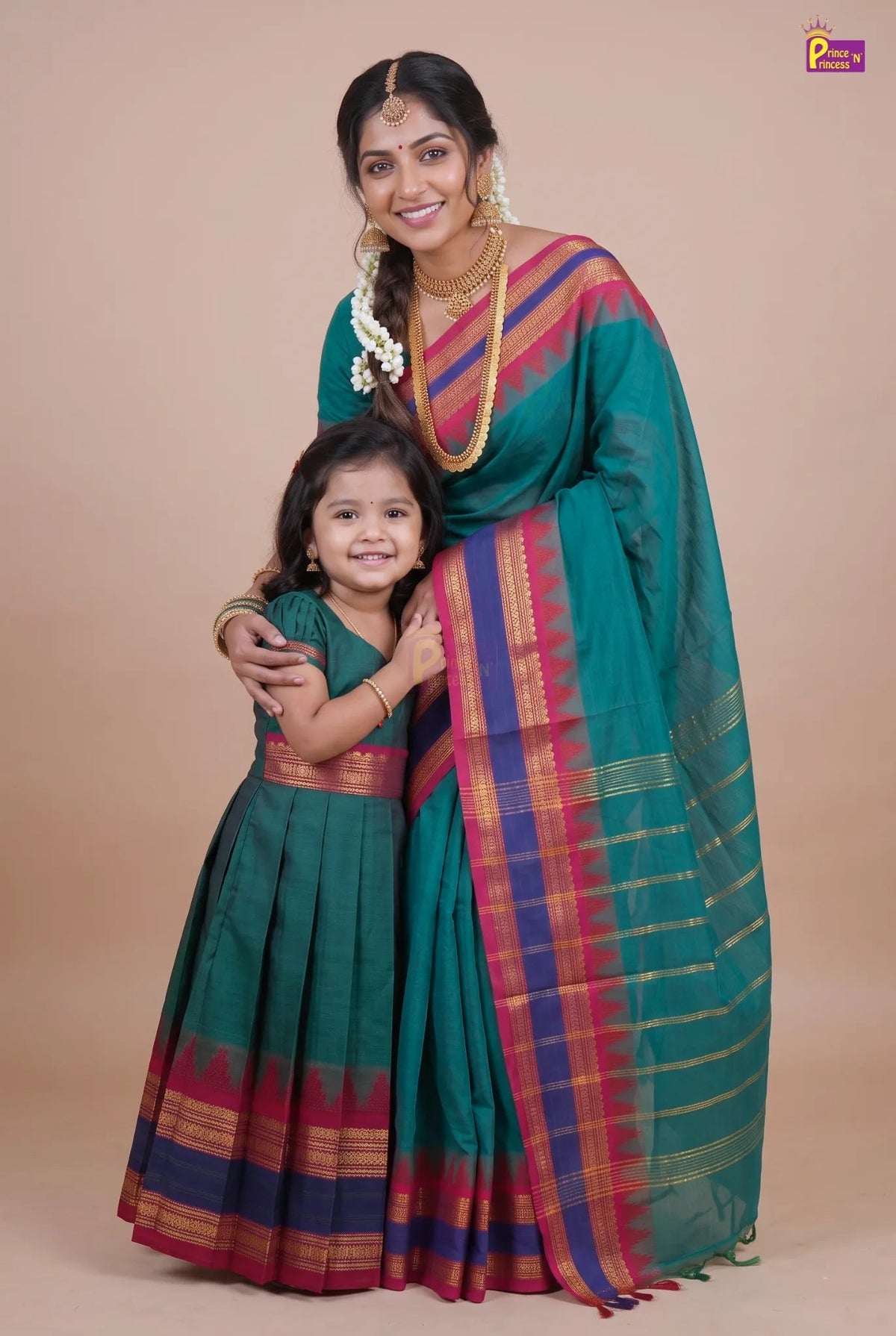 Mother & Daughter Chettinad Cotton Saree Combo | Pure Handloom Teal with Baby Outfit (Read Description) - MDC002 for kids festival wear