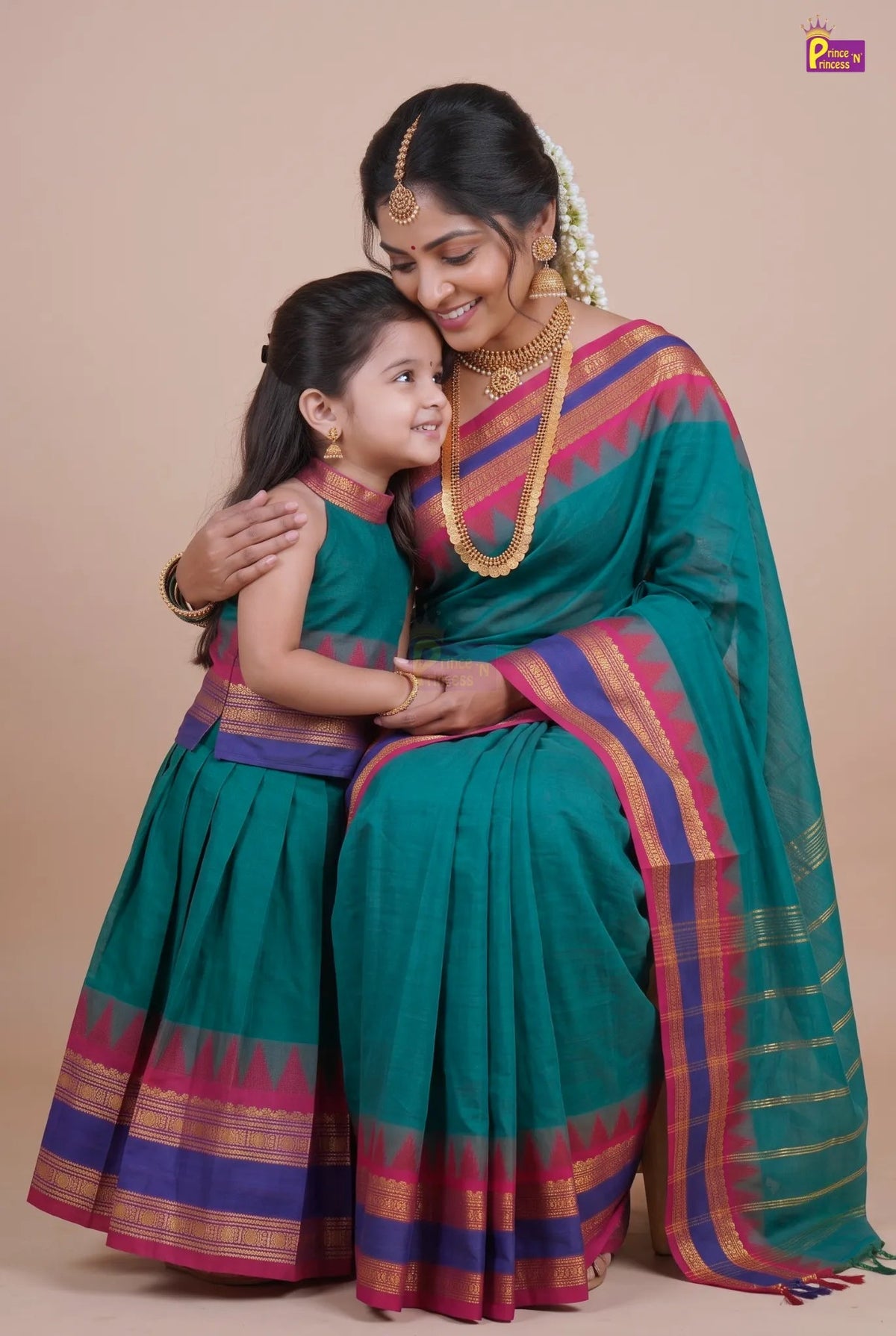 Mother & Daughter Chettinad Cotton Saree Combo | Pure Handloom Teal with Baby Outfit (Read Description) - MDC002 for kids festival wear