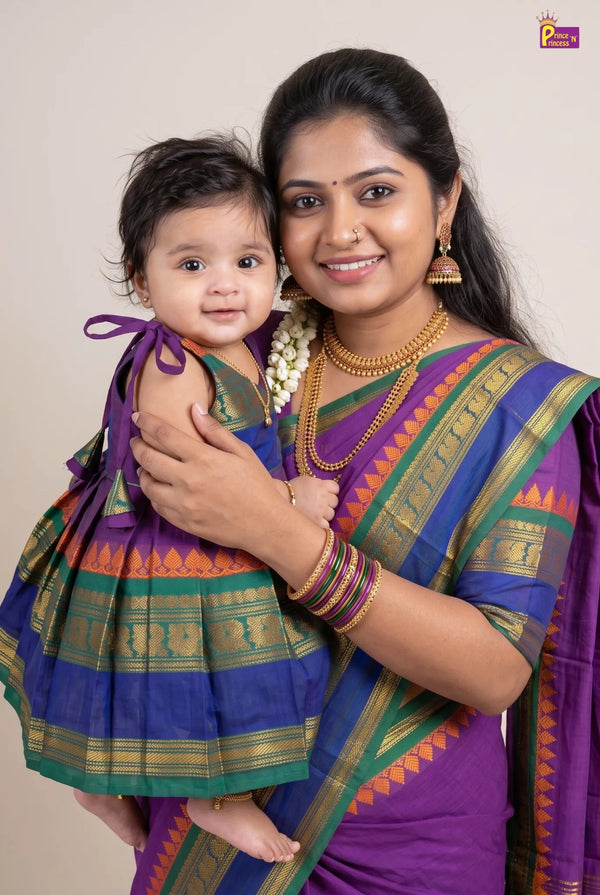 Mother & Daughter Chettinad Cotton Saree Combo | Purple Pure Handloom Cotton Saree (Read Description) - MDC004 for kids festival wear