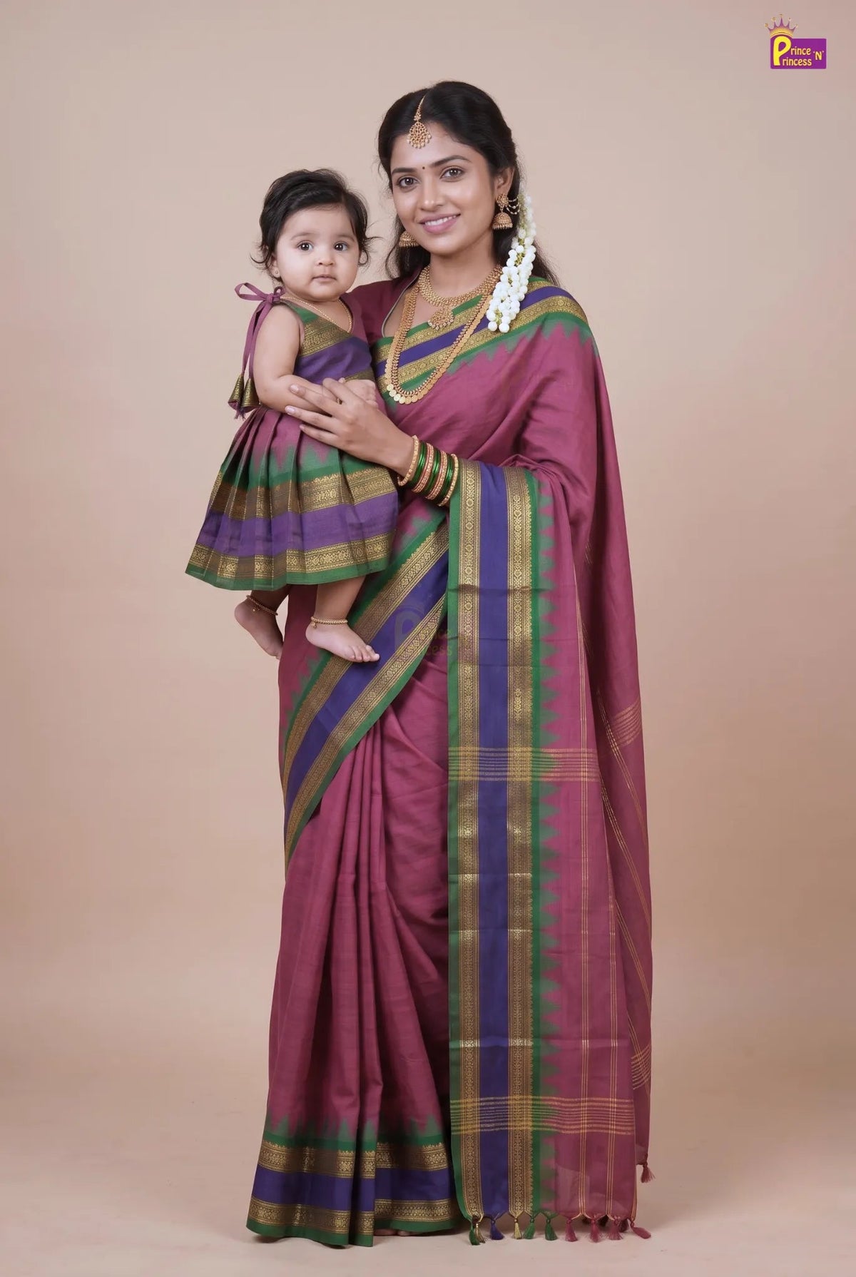 Mother Daughter Combo | Chettinad Cotton Saree & Your Baby Outfit (Read Description) - MDC003 for kids festival wear
