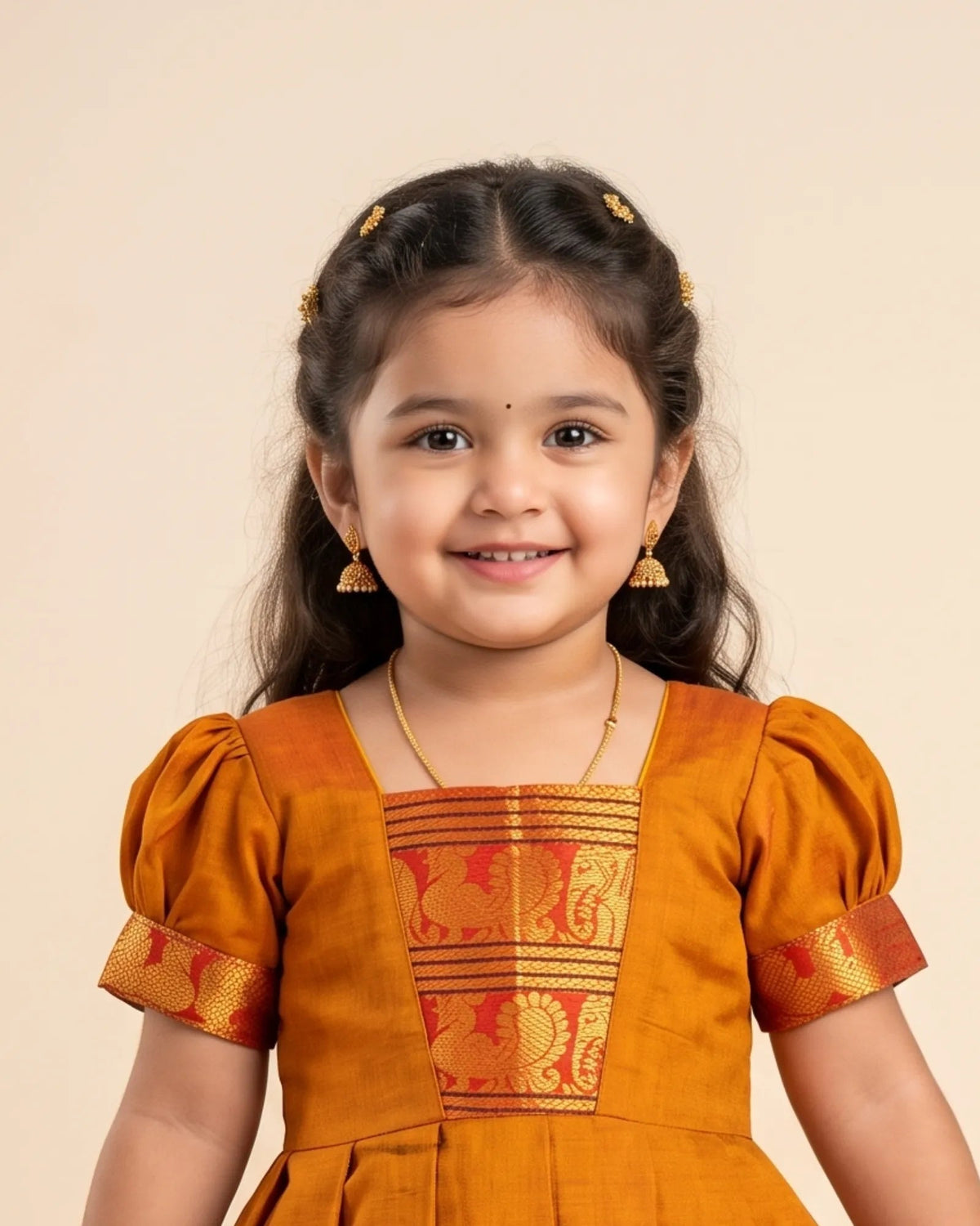 A young girl with dark hair styled in braids, wearing a traditional Indian mustard yellow and gold dress with ornate embroidery on the chest, standing against a solid beige background.