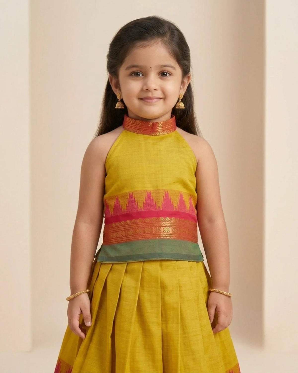 Mustard Halter Neck Cotton Pavadai Set for Girls - Modern Festive Look PPP2183 for kids festival wear