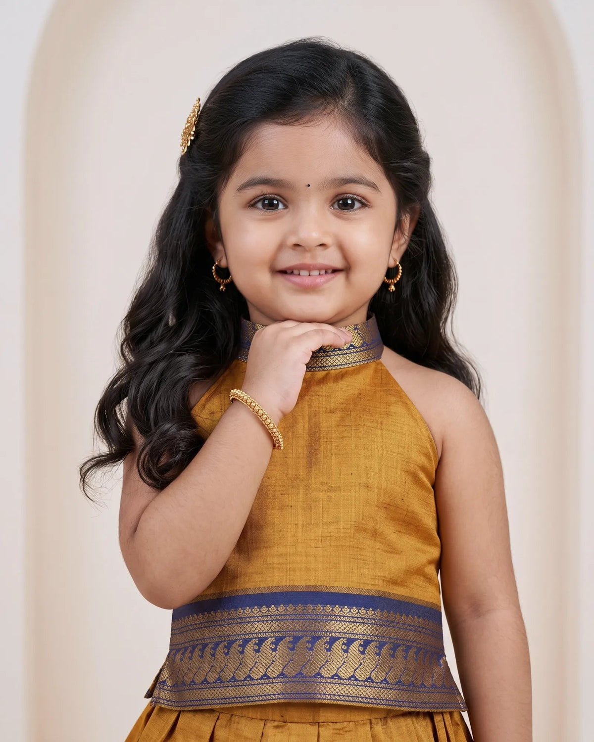 Mustard Kalyani Cotton Halter Neck Pattu Pavadai for Girls - Pongal PPP2155 for kids festival wear