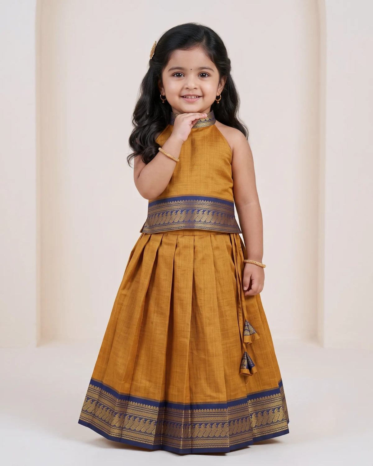 Mustard Kalyani Cotton Halter Neck Pattu Pavadai for Girls - Pongal PPP2155 for kids festival wear