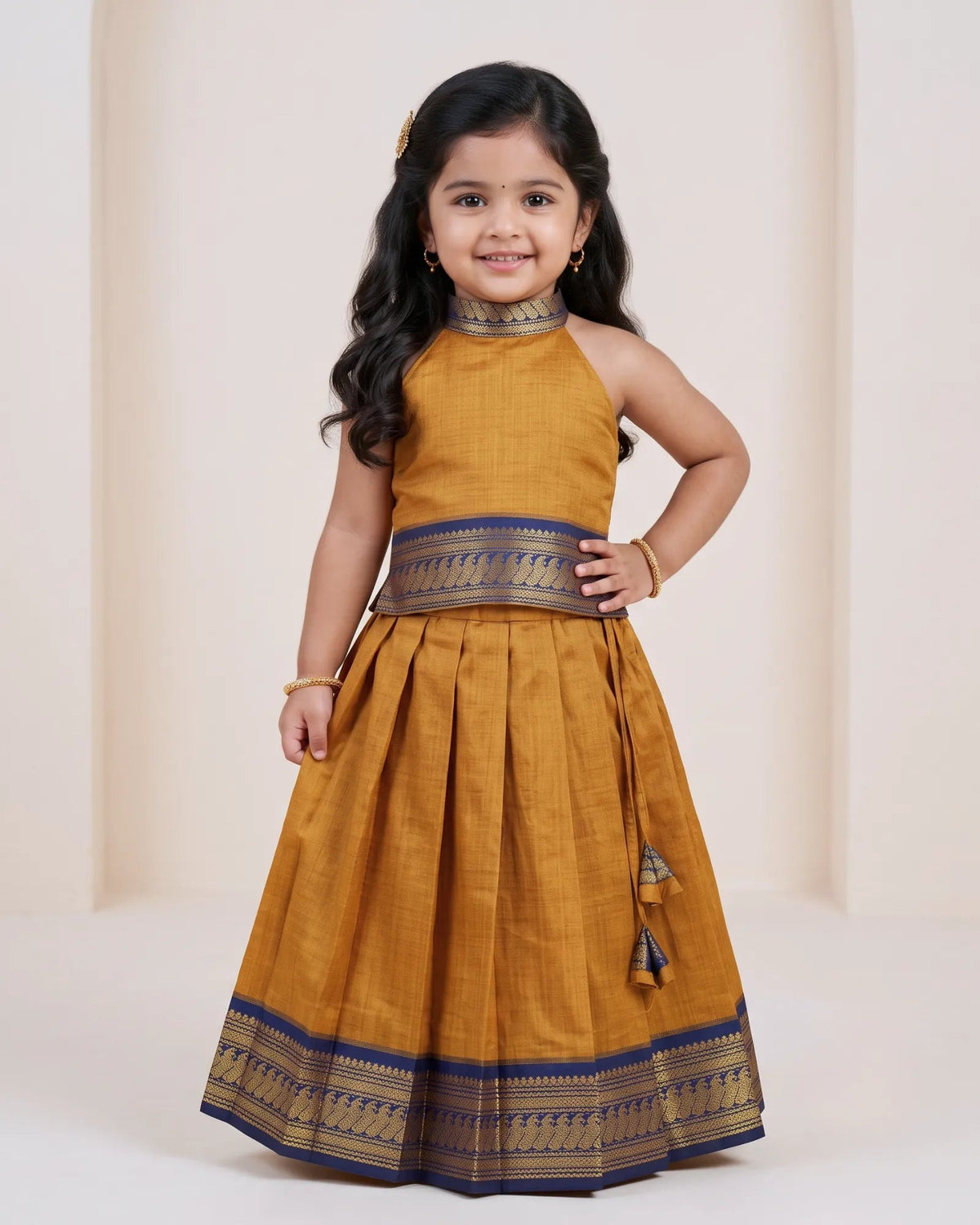 Mustard Kalyani Cotton Halter Neck Pattu Pavadai for Girls - Pongal PPP2155 for kids festival wear
