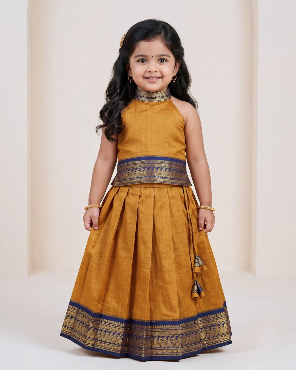 Mustard Kalyani Cotton Halter Neck Pattu Pavadai for Girls - Pongal PPP2155 for kids festival wear