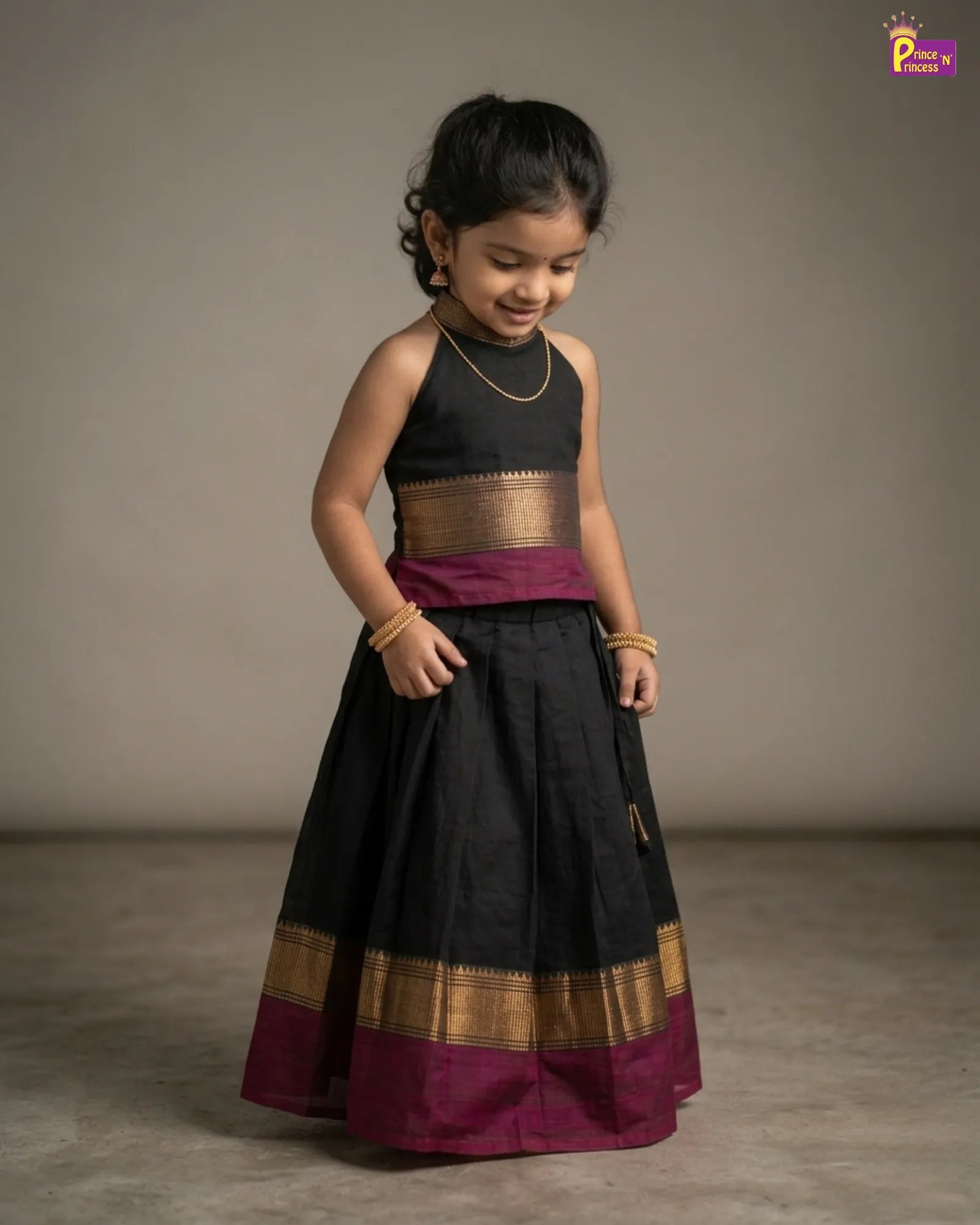 Shop black Chettinad cotton pattu pavadai for girls. Breathable traditional kids ethnic wear perfect for festivals and functions.