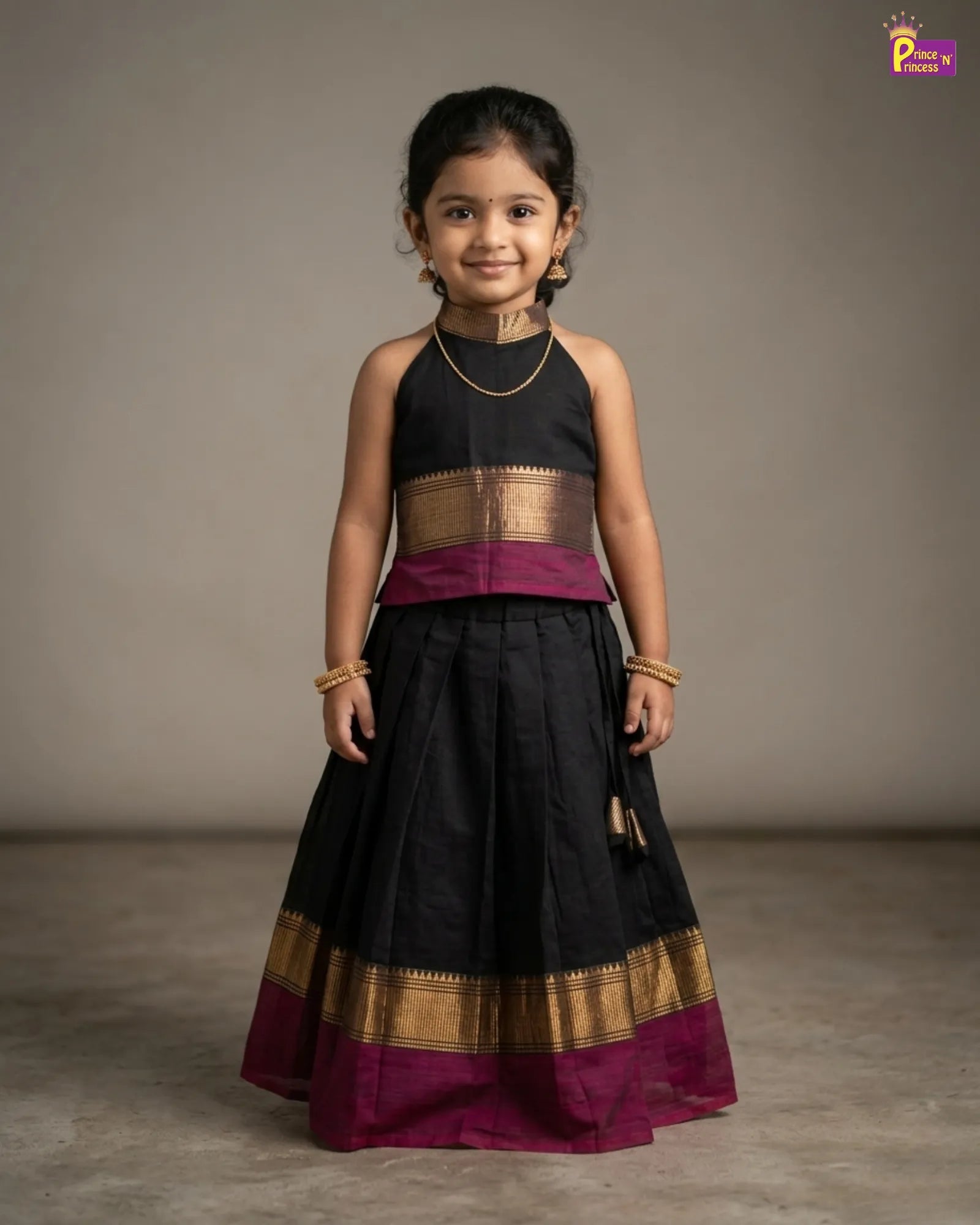 Shop black Chettinad cotton pattu pavadai for girls. Breathable traditional kids ethnic wear perfect for festivals and functions.