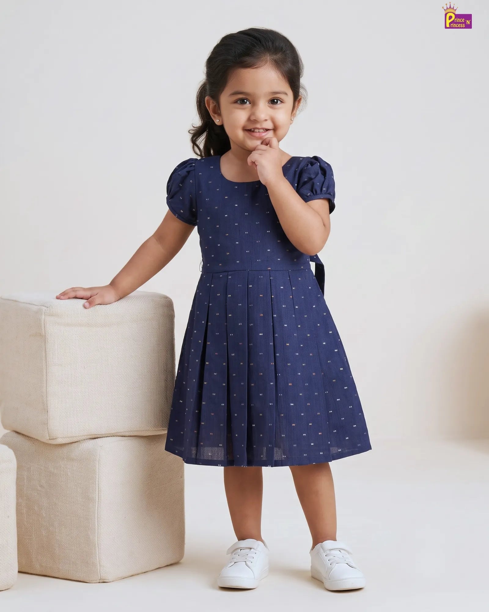 Navy Blue Dobby Cotton Frock for Girls | Multicolour Dot Puff Sleeve CF435 for kids festival wear