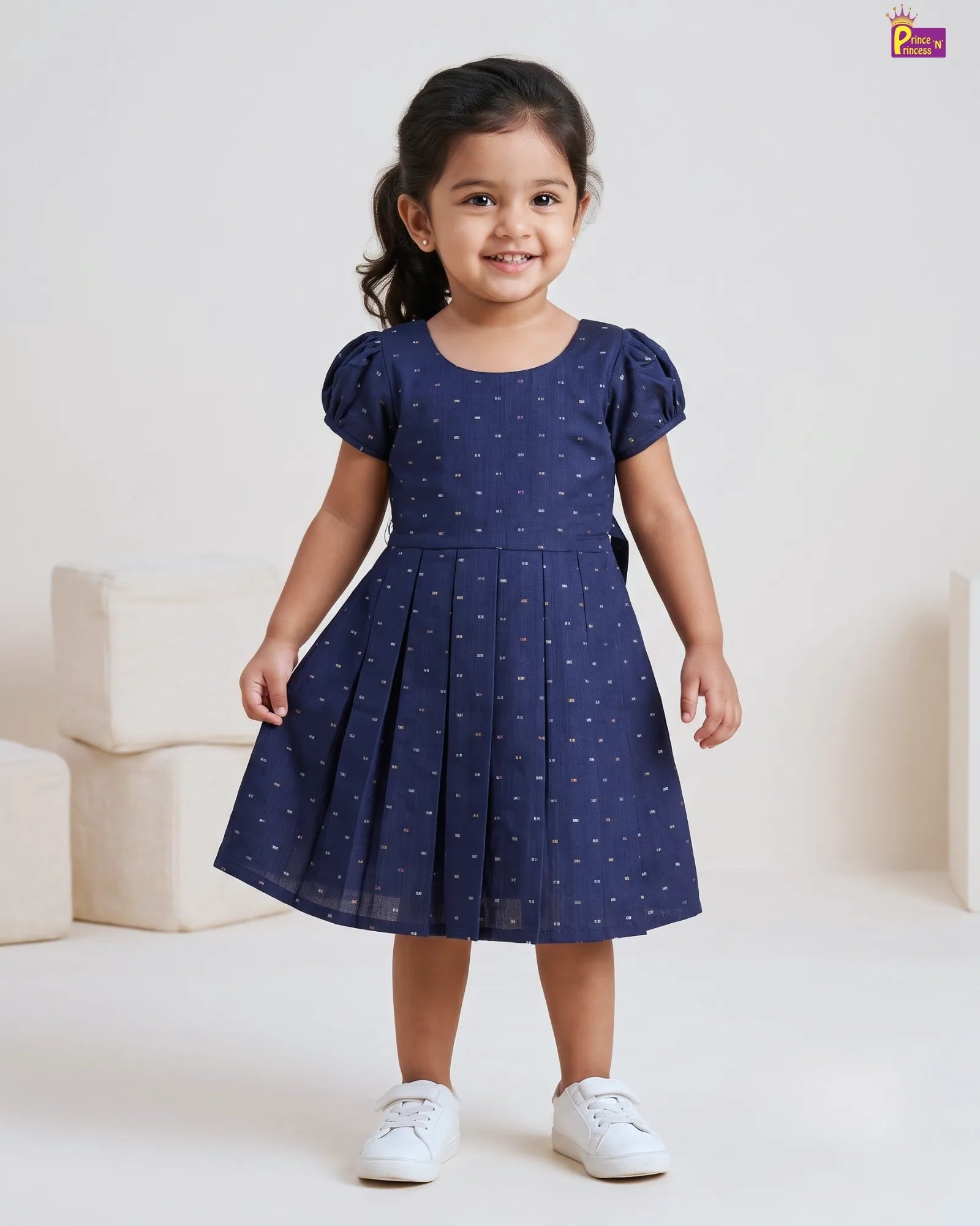 Navy Blue Dobby Cotton Frock for Girls | Multicolour Dot Puff Sleeve CF435 for kids festival wear