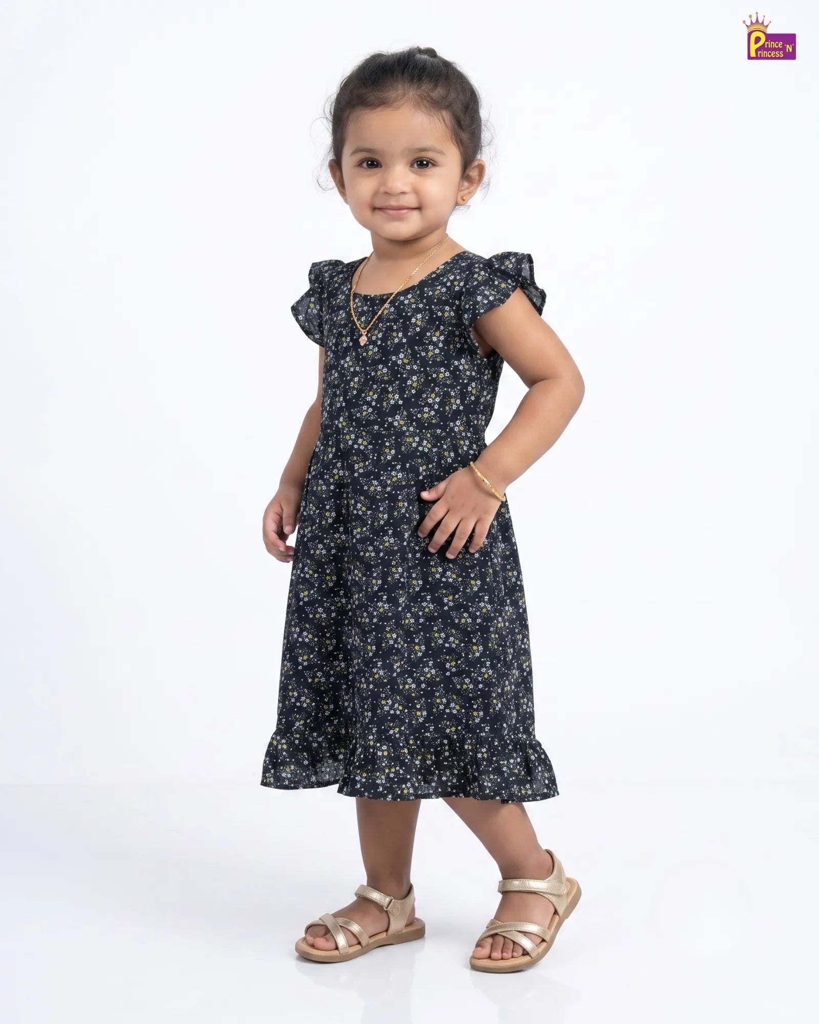 Navy Blue Floral Print Cotton Frock for Baby Girl | Flutter Sleeve CF310 for kids festival wear