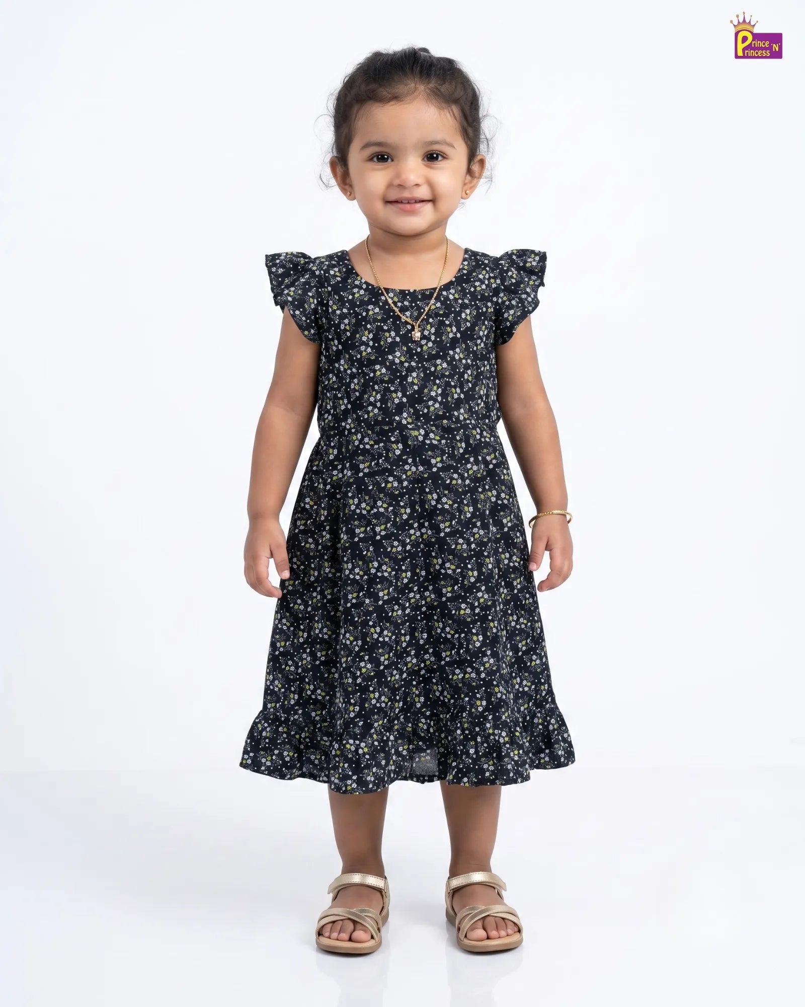 Navy Blue Floral Print Cotton Frock for Baby Girl | Flutter Sleeve CF310 for kids festival wear