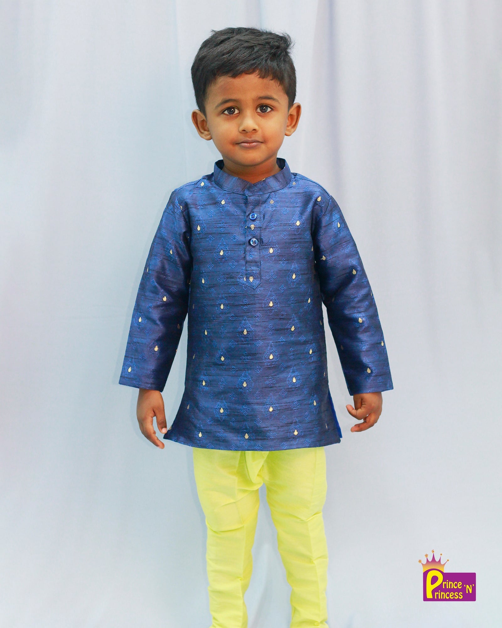 Navy Blue Silk Kurta with Yellow Pajama KP084 - Prince N Princess