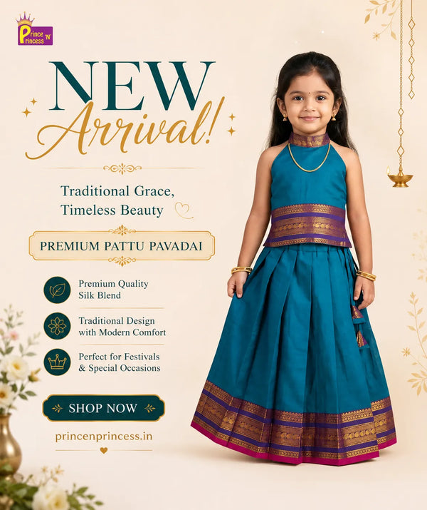 Girls Rama Blue Chettinad Pattu Pavadai - Elephant Zari Border Sleeveless PPP2062
