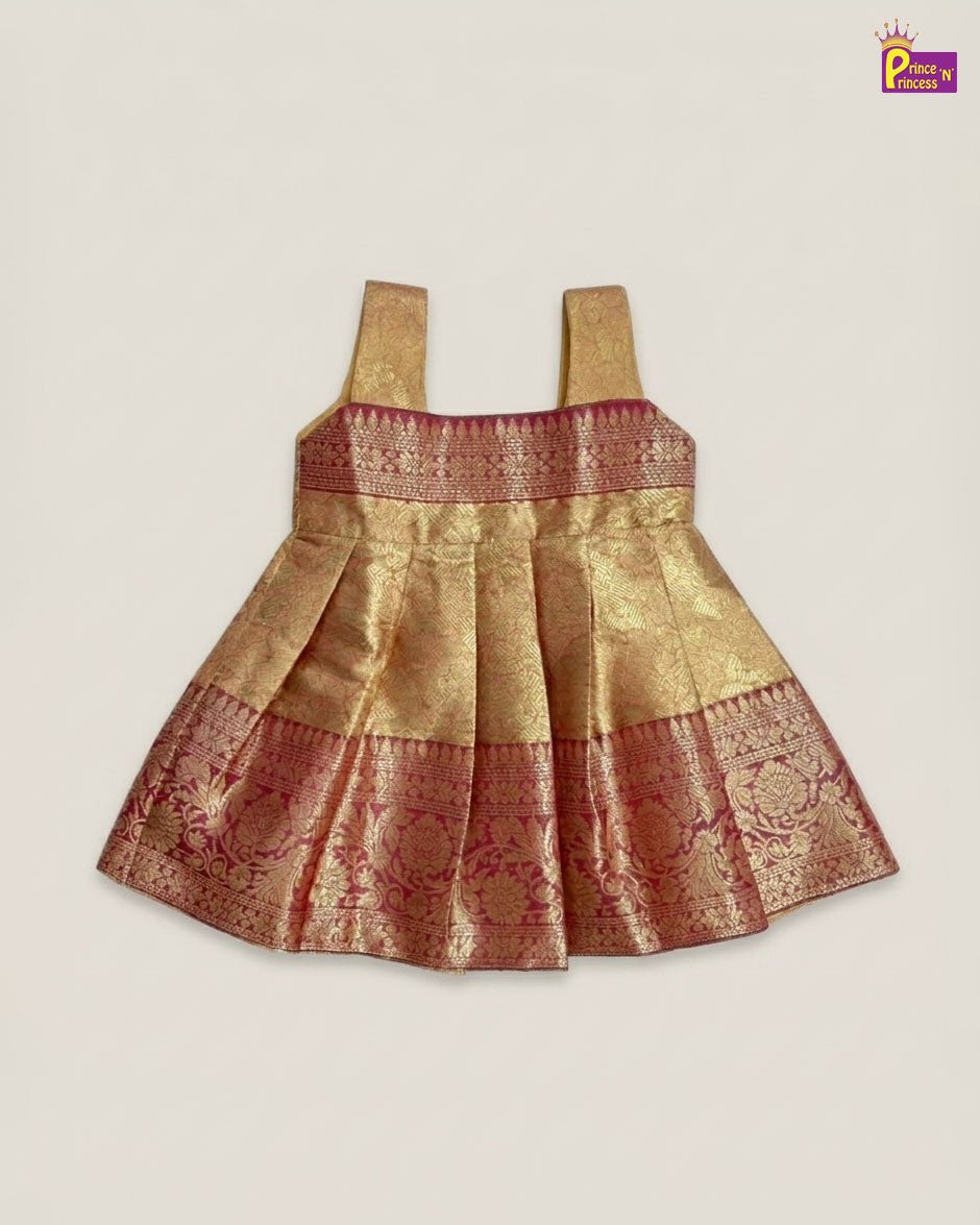 New Born Banarasi Silk Frock Gold with Maroon Border LF1760 - Prince N Princess