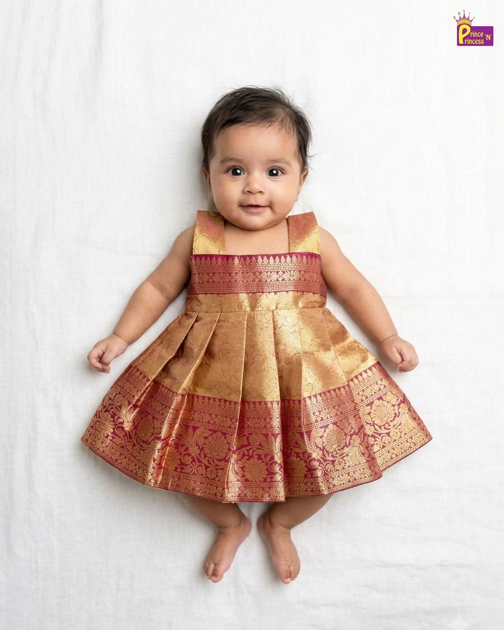 New Born Banarasi Silk Frock Gold with Maroon Border LF1760 - Prince N Princess