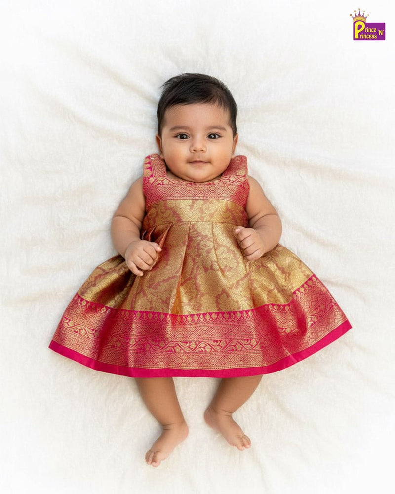 New Born Banarasi Silk Frock Gold with Pink Border LF1734 - Prince N Princess