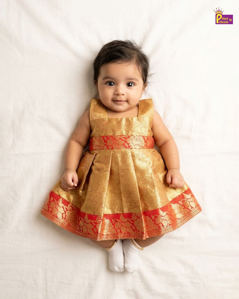 New Born Banarasi Silk Frock Gold with Red Border LF1758 - Prince N Princess