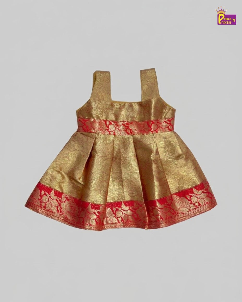 New Born Banarasi Silk Frock Gold with Red Border LF1758 - Prince N Princess