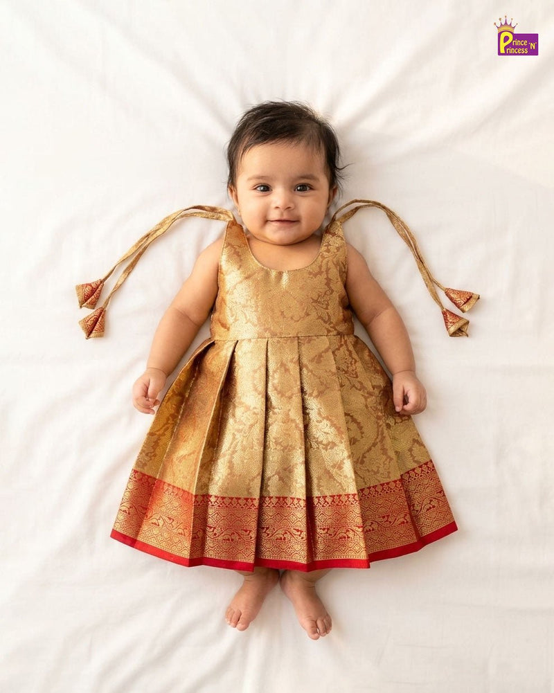 New Born Banarasi Silk Frock Gold with Red Border LF1762 - Prince N Princess