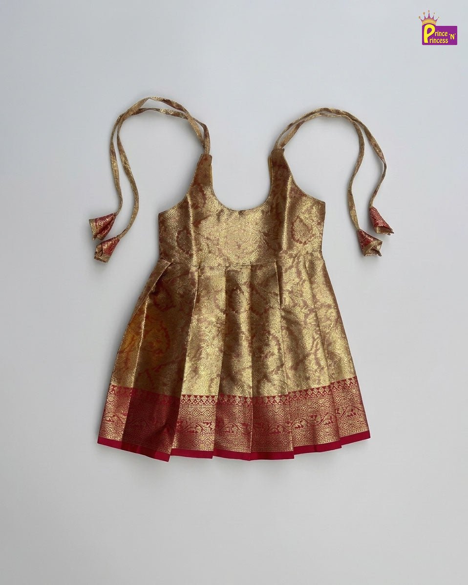 New Born Banarasi Silk Frock Gold with Red Border LF1762 - Prince N Princess