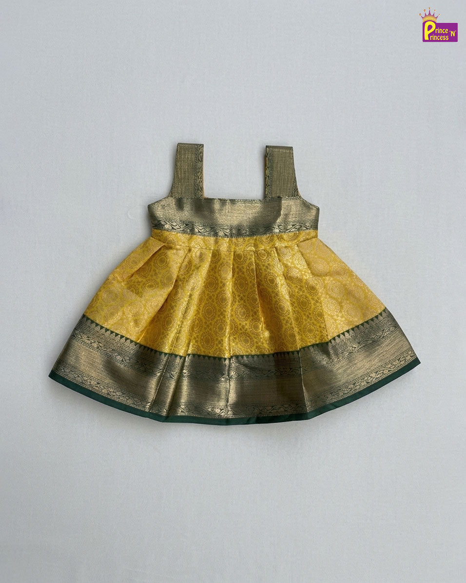 New Born Banarasi Silk Frock Green with Yellow LF1765 - Prince N Princess