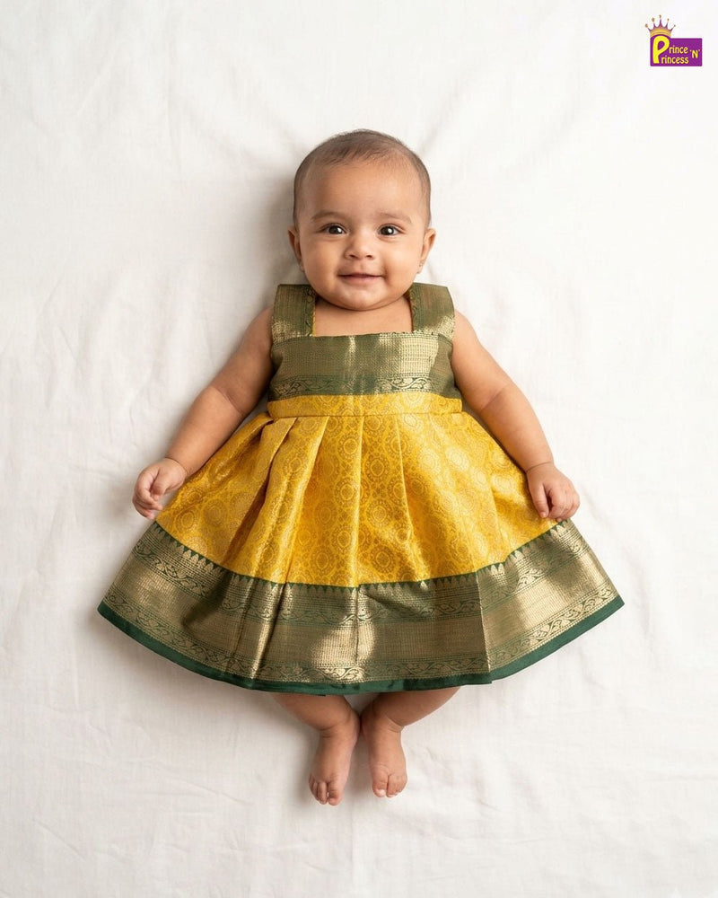 New Born Banarasi Silk Frock Green with Yellow LF1765 - Prince N Princess