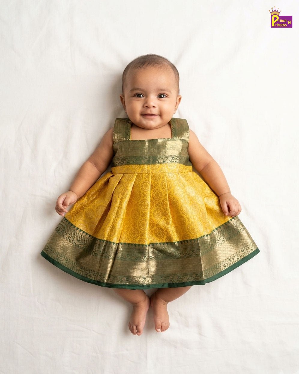 New Born Banarasi Silk Frock Green with Yellow LF1765 - Prince N Princess