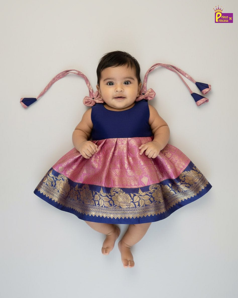 New Born Banarasi Silk Frock in Pepsi Blue with Pink LF1740 - Prince N Princess