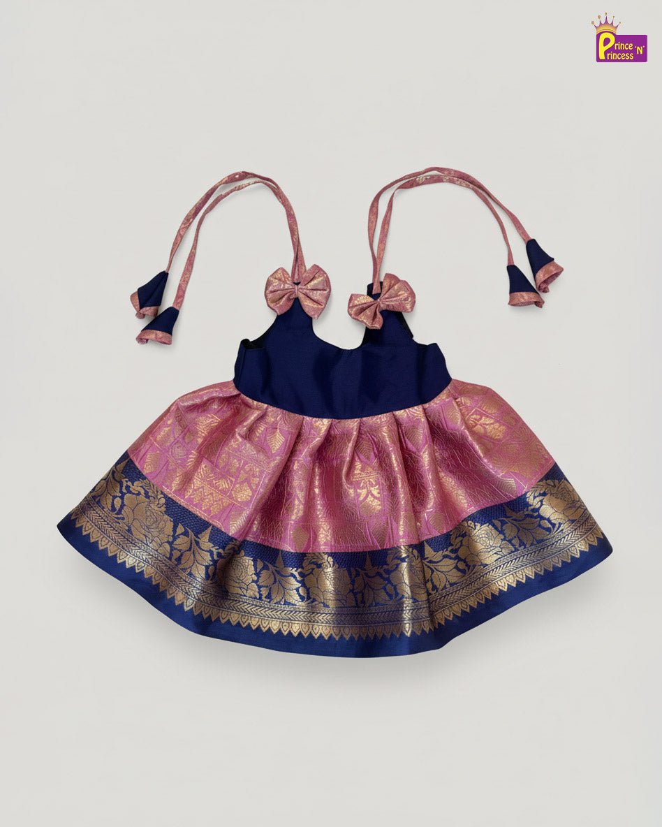 New Born Banarasi Silk Frock in Pepsi Blue with Pink LF1740 - Prince N Princess