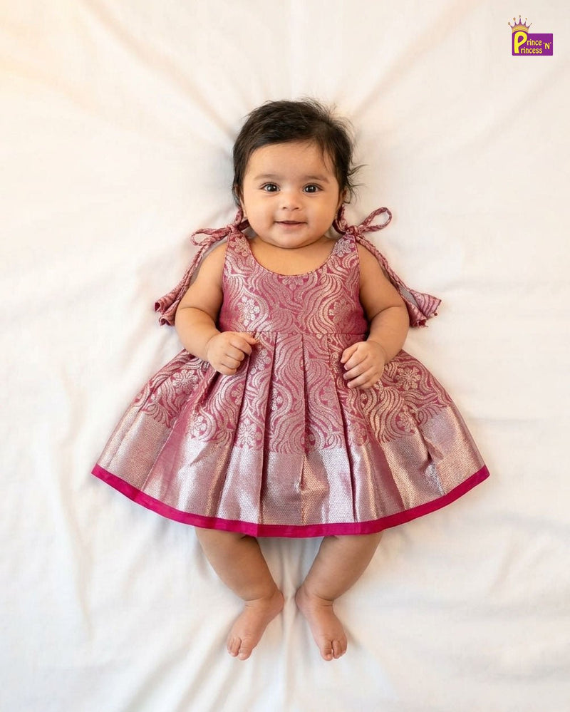 New Born Banarasi Silk Knot Type Frock in Pink LF1757 - Prince N Princess
