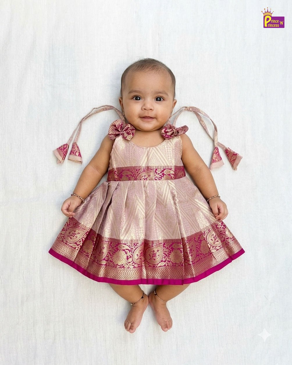 New Born Banarasi Silk Knot Type Frock in Pink LF1764 - Prince N Princess
