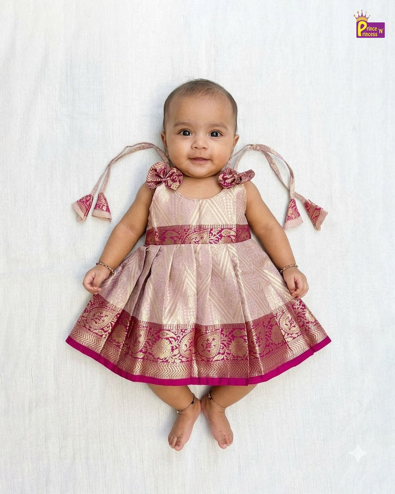 New Born Banarasi Silk Knot Type Frock in Pink LF1764 - Prince N Princess