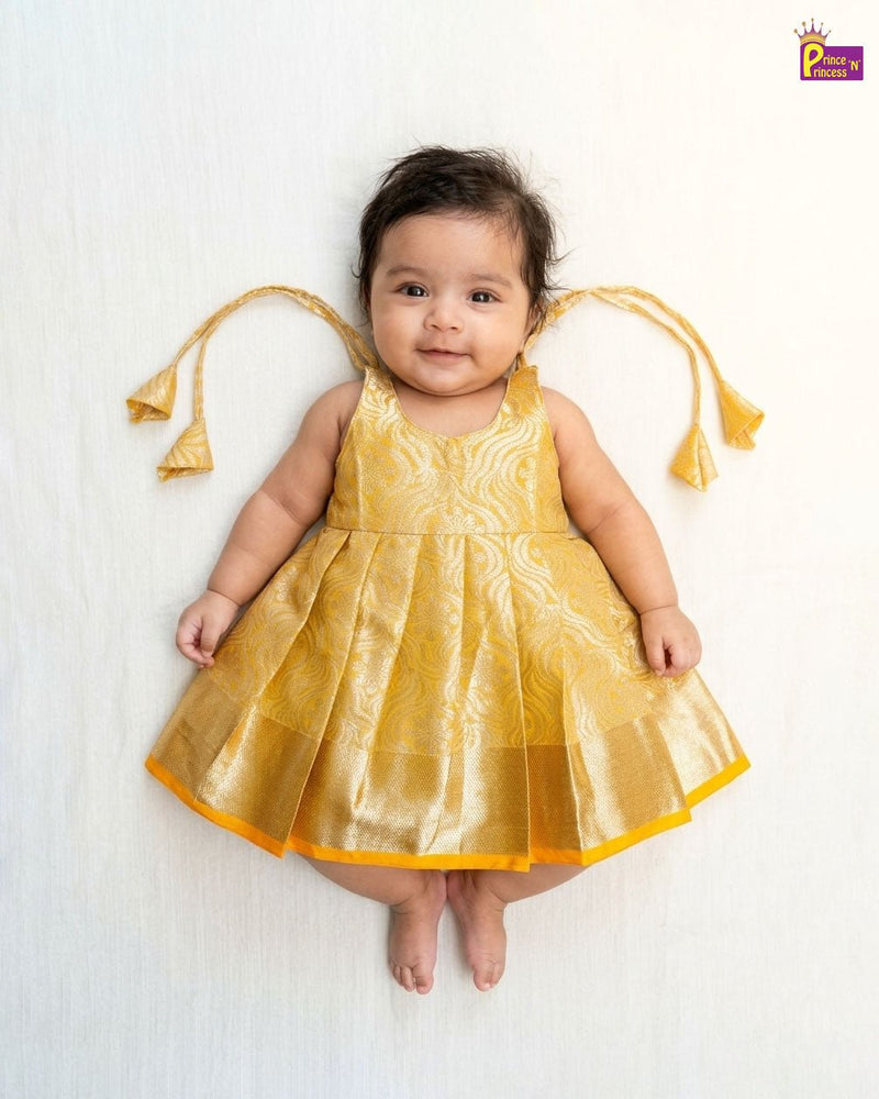 New Born Banarasi Silk Knot Type Frock in Yellow LF1759 - Prince N Princess